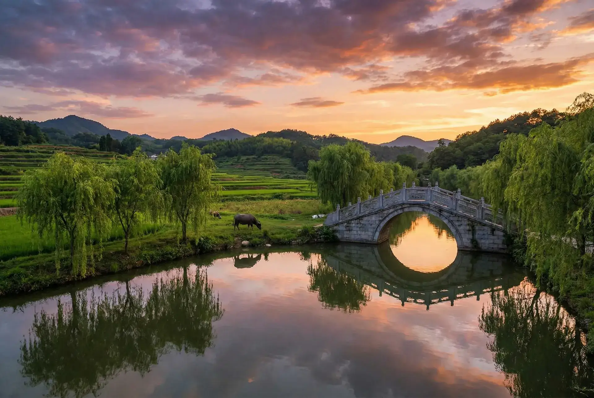 夕阳下的石拱桥与垂柳，水牛在河边吃草 - 汤不热视频 乡村美景